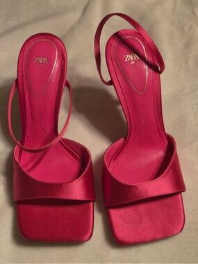 Zara Hot Pink Satin Square-Toe Slingback Heels